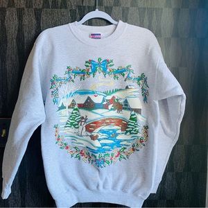 Vintage granny crewneck winter snow scene Hanes gray